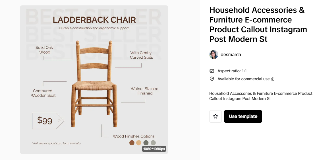 eCommerce product callout for a ladderback chair, featuring price and key details using AI for online sales.